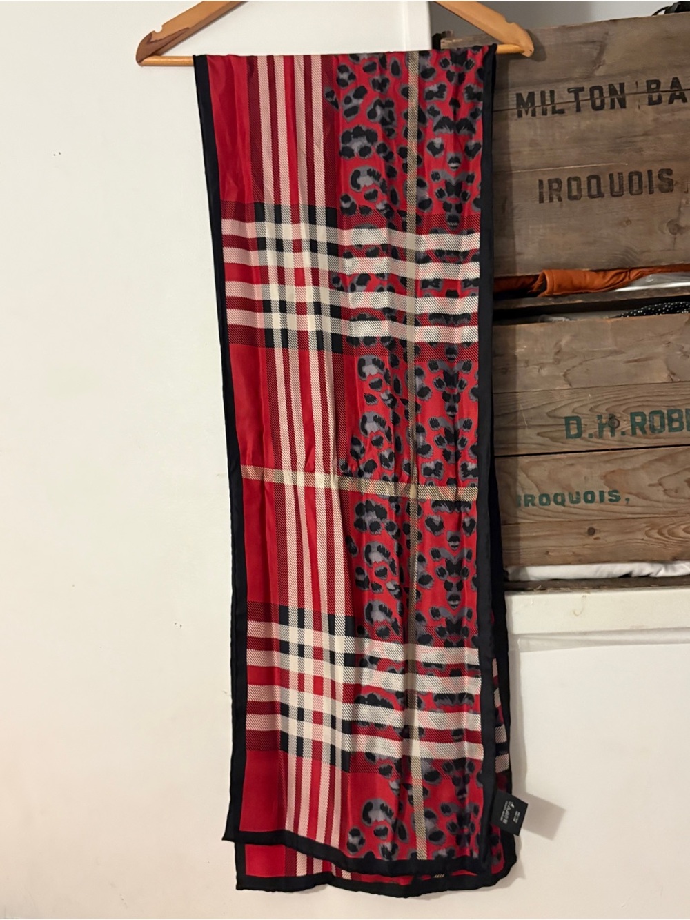 Lord and Taylor 100% Silk Red Plaid & Leopard Print Long Rectangle Scarf - Picture 1 of 5